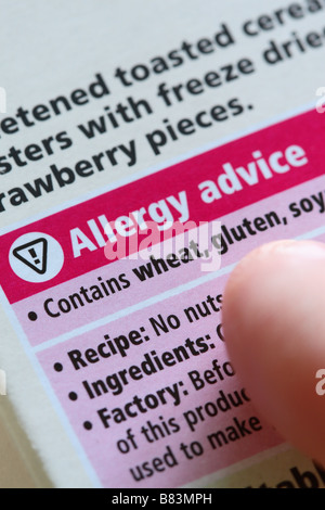 Food allergy advice information on product packaging label contents contain wheat gluten Stock Photo