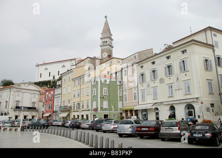 Picturesque Tartinijev trg, a marble-paved square in the old seaport of Piran in Primorska, Slovenia Stock Photo