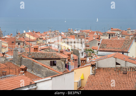 Aerial view of the red/terracotta tiled roofs from the Bell Tower in the old picturesque seaport of Piran in Primorska, Slovenia Stock Photo