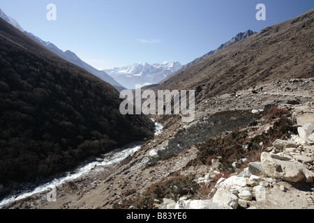 View of Khumbu valley looking South, South of Lobuche Stock Photo