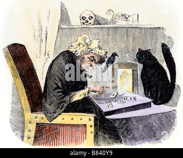 Witch casting a spell accompanied by a raven and a black cat. Hand-colored woodcut Stock Photo