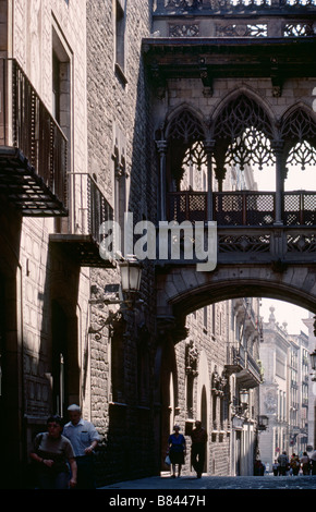 The bridge of sighs in the Carrer del Bisbe gothic quarter Barcelona Catalonia Spain Stock Photo