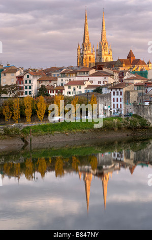 Nive river and the cathedral of Bayonne Pays Basque France Stock Photo