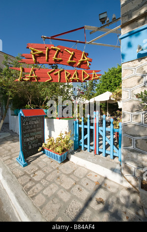 The advertising for a pizzeria in Pythagorio on the island of Samos in Greece Stock Photo