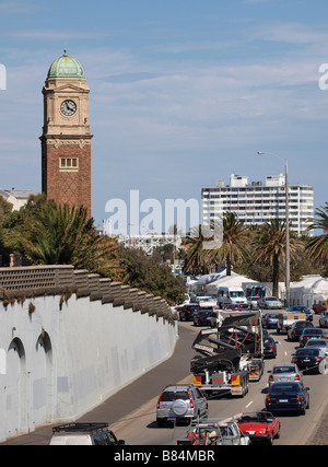 CARS QUEUING ON BUSY ROAD IN ST KILDA NEAR MELBOURNE VICTORIA AUSTRALIA Stock Photo