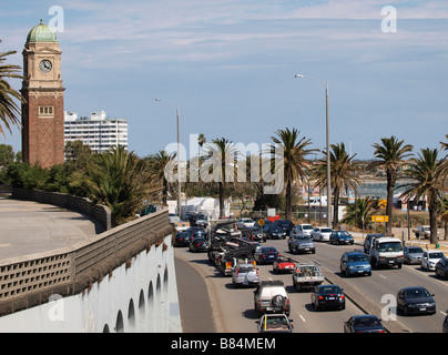 CARS QUEUING ON BUSY ROAD IN ST KILDA NEAR MELBOURNE VICTORIA AUSTRALIA Stock Photo