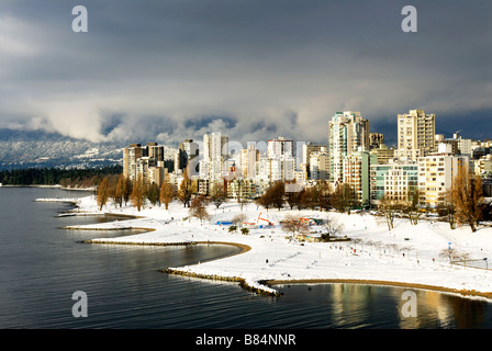 A view of west end of vancouver british columbia canada, Sunset beach and English Bay from Burrard bridge after snowing Stock Photo