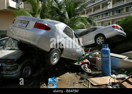 Vehicles piled up in a parking lot after the December 26, 2004 earthquake and tsunami at Patong Beach, Phuket Island, Thailand. Stock Photo