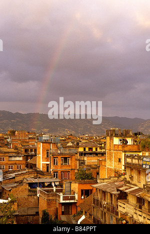 Rainbow over buildings of Kathmandu- Kathmandu Valley, Nepal.  Kathmandu architecture. Stock Photo