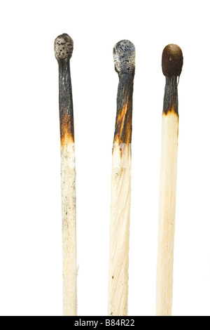 three burned matches isolated on white background Stock Photo