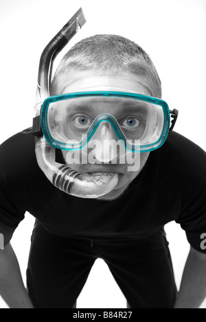 Shot of a Male in Swimming Mask and Snorkel against a White Background Stock Photo