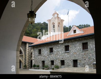 View on Kykkos Monastery belfry and interior courtyard from gallery.Troodos mountains, South Cyprus. Stock Photo