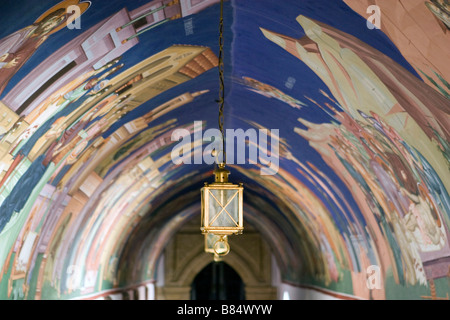 Archway murals and lantern in Kykkos Monastery,Troodos mountains, South Cyprus. Stock Photo