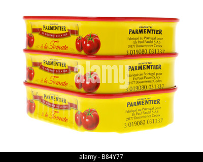 Tin Or Can Of Processed Parmentier Sardines in Tomato Sauce Against A White Background With No People And A Clipping Path Stock Photo