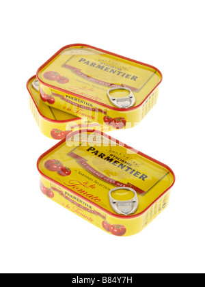 Tin Or Can Of Processed Parmentier Sardines in Tomato Sauce Against A White Background With No People And A Clipping Path Stock Photo