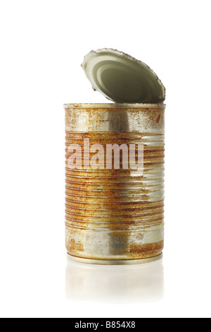 open rusty tin can on white background Stock Photo