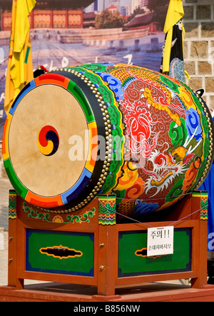 South Korean Yonggo barrel drum with a dragon painted on its shell Stock Photo