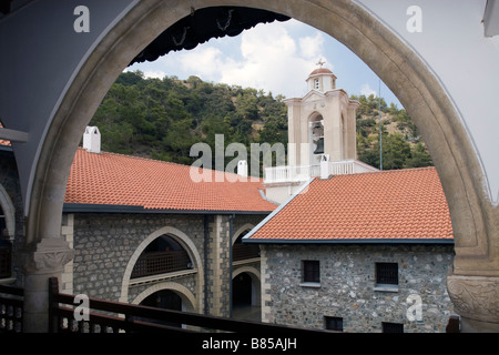 View on Kykkos Monastery belfry and interior courtyard from gallery.Troodos mountains, South Cyprus. Stock Photo