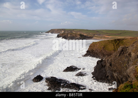 storm at gunwalloe church cove cornwall Stock Photo