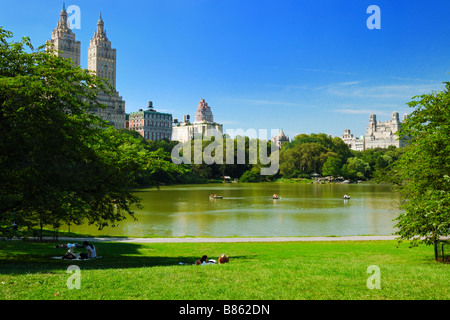 The west side buildings with the The San Remo as seen from Cherry Hill in Central Park, Manhattan, New York City, New York, USA. Stock Photo