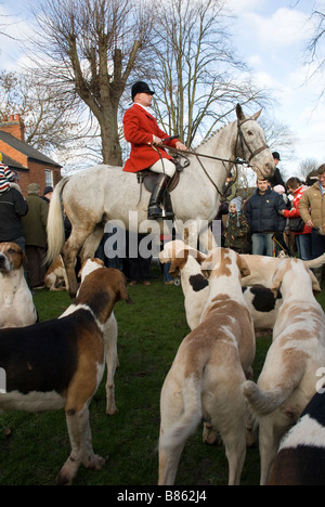 Horses and hounds of the Fernie Hunt at the traditional meet on Boxing Day Great Bowden Leicestershire Stock Photo