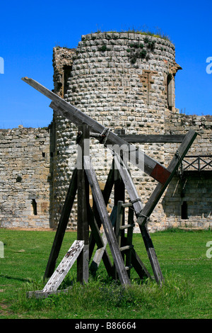 Medieval catapult at the castle of Puivert in Aude, France Stock Photo