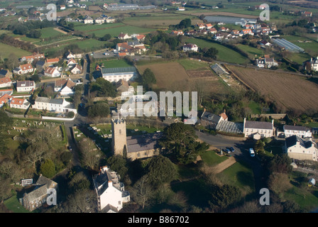 Aerial view of church and village on the Island of Guernsey Stock Photo