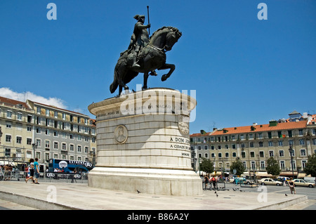The bronze equestrian statue representing King John I (1357-1433), by sculptor Leopoldo de Almeida in Figueira Square, Lisbon Stock Photo