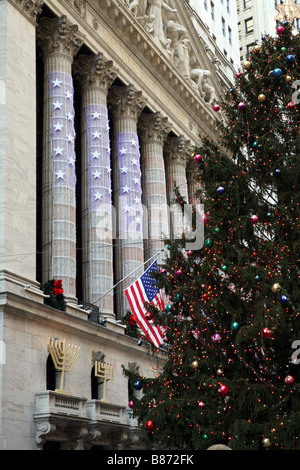 New York Stock Exchange with Christmas Tree Stock Photo