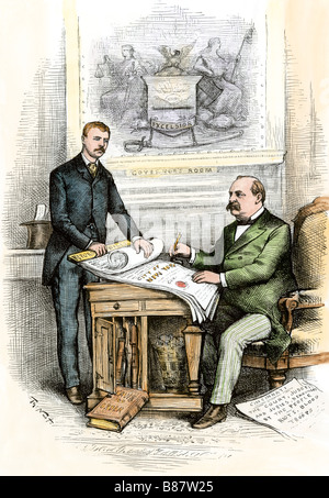 NY Governor Grover Cleveland and Police Commissioner Theodore Roosevelt signing reform bill, 1884. Hand-colored woodcut of a Thomas Nast cartoon Stock Photo