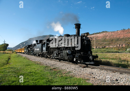 Durango Silverton narrow gauge steam train with double locomotives Colorado USA Stock Photo