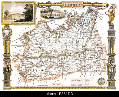 Surrey Map 1850 by Thomas Moule of the English county with illustrations of Dulwich College and Richmond Bridge Stock Photo