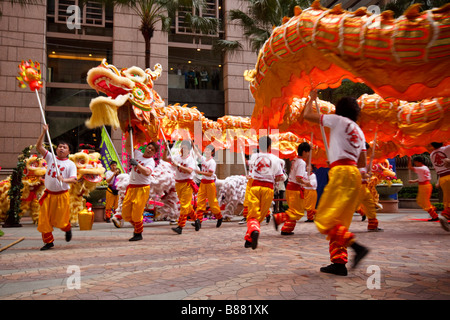 Chinese dragon dance to celebrate the Lunar New Year in Central, Hong Kong. Stock Photo