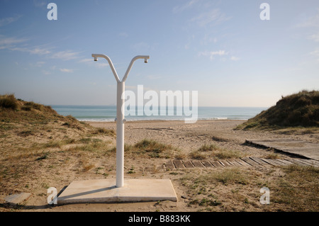 Wooden walkway to the beach and shower. El Saler. Valencian Community. Spain Stock Photo