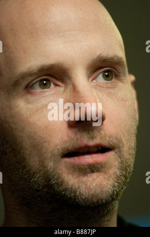 Recording artist Moby (Richard Melville Hall) speaks during an interview with Sojourners magazine. Stock Photo