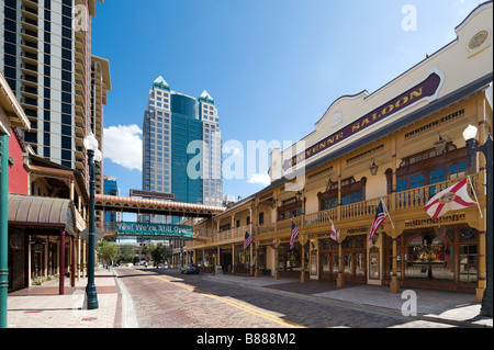 Cheyenne Saloon (closed in March 2009) and Church Street Station with the SunTrust Tower behind, Downtown Orlando, Florida Stock Photo