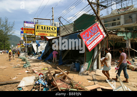 Debris lines the streets of Patong Beach on Phuket Island, Thailand after the December 26, 2004 tsunami. Stock Photo