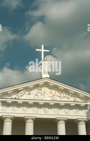 Detail of the pediment of Vilnius Cathedral in Lithuania's capital, showing the statue of St. Helen. Stock Photo