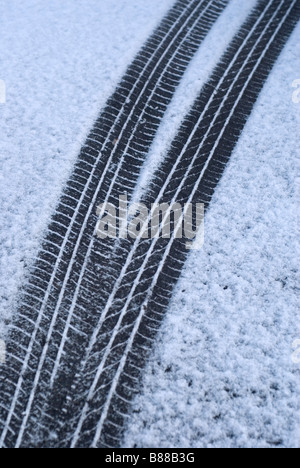 Car tracks in snow leading to gate Stock Photo - Alamy