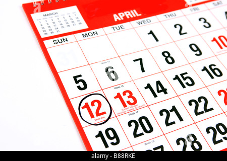Calendar at the month of April with a black ring around the 12th Easter Sunday Stock Photo