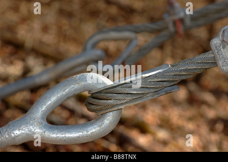 Closeup of steel eye bolts and clamps on a cable for a suspension bridge Stock Photo