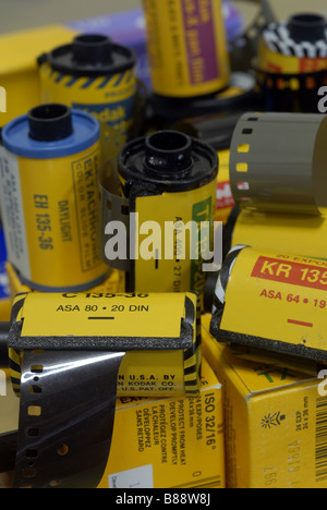 An assortment of vintage and current rolls of Kodak film Stock Photo