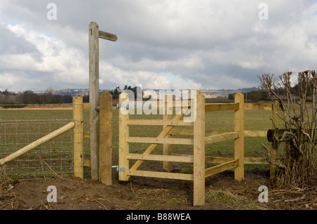 Newly Constructed wooden Gate For a Public Footpath Sign country walk Across Fields Reigate Surrey England Stock Photo