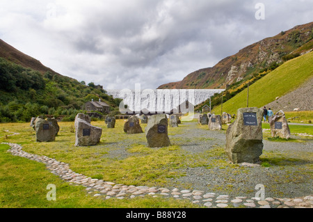 Elan Valley visitors centre in Powys with Caban Coch dam overflowing in the background the rocks represent surrounding villages. Welsh countryside. Stock Photo