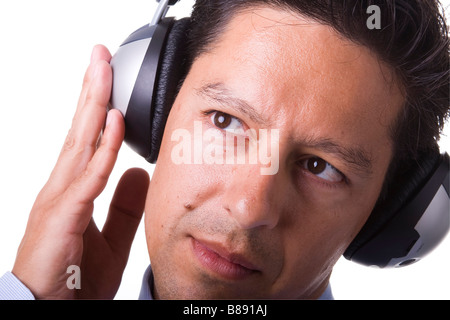 young men feeling the music isolated on white Stock Photo