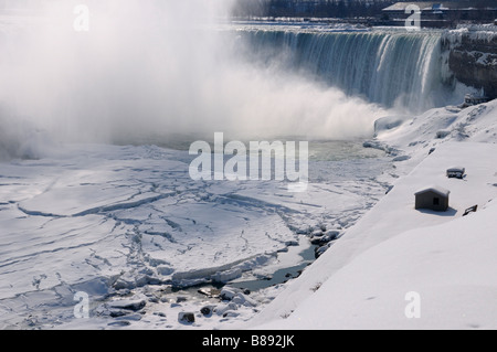 Canadian Horseshoe Falls at Niagara Falls Ontario Canada with sheets of fractured ice and mist rising in cold winter Stock Photo
