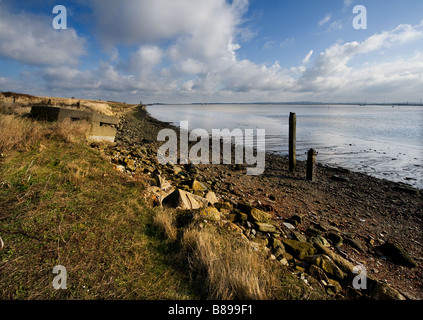 The remains of an old pill box on the Essex foreshore of the River Thames. Stock Photo