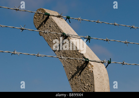 A concrete post supporting strands of barbed wire. Stock Photo