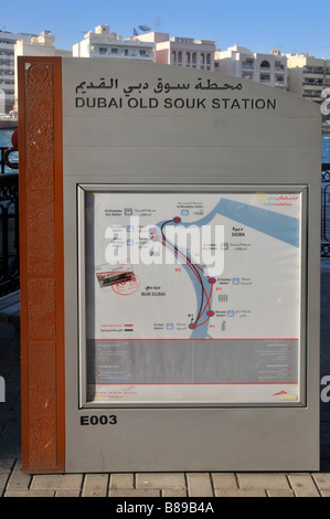 Sign for Dubai Old Souk waterbus taxi station beside the Dubai Creek Stock Photo