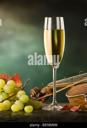 the still life with vine and violin on the green background Stock Photo